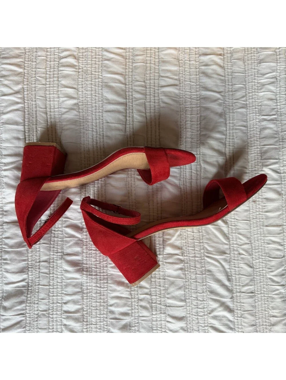 City Classified Red Faux Suede Ankle Strap Block Heel Sandals Size 9